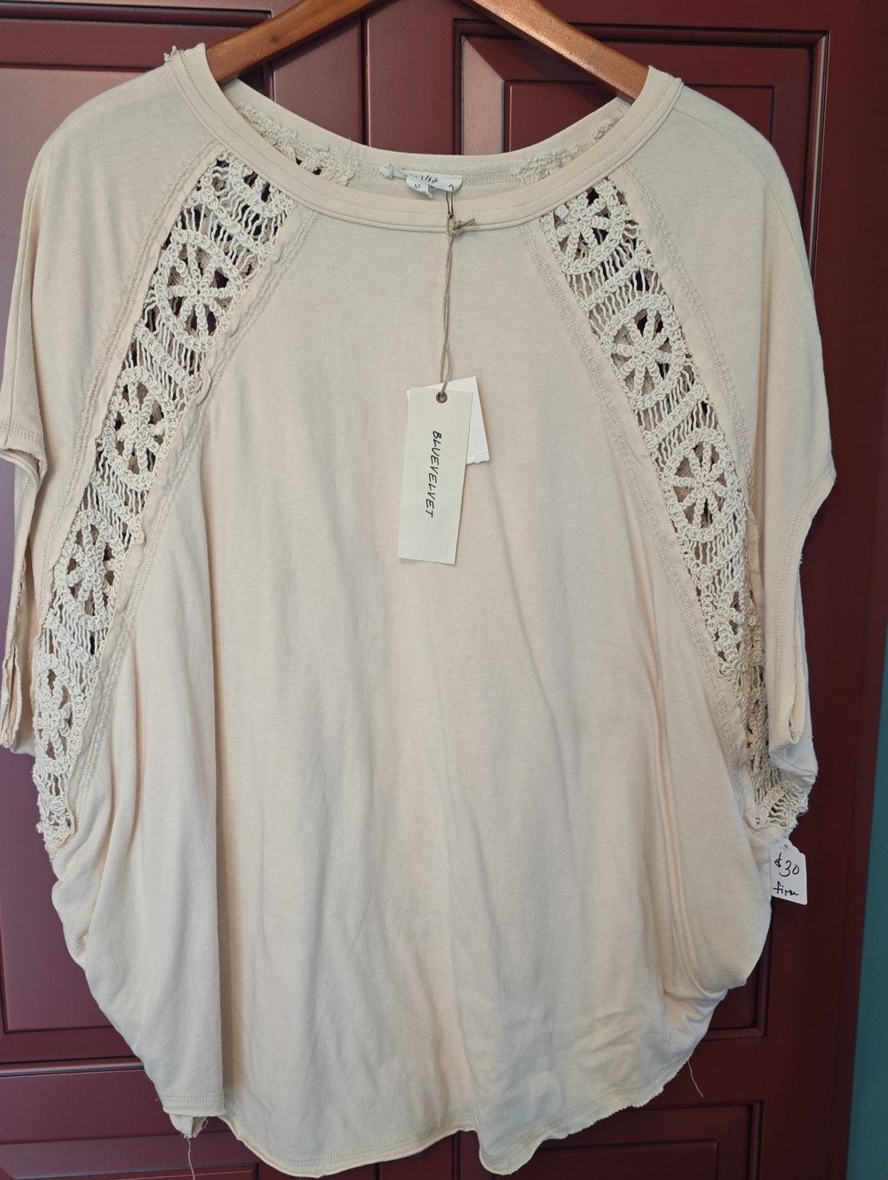 Blue Velvet Cream Crochet-Trim Raglan Women's Top